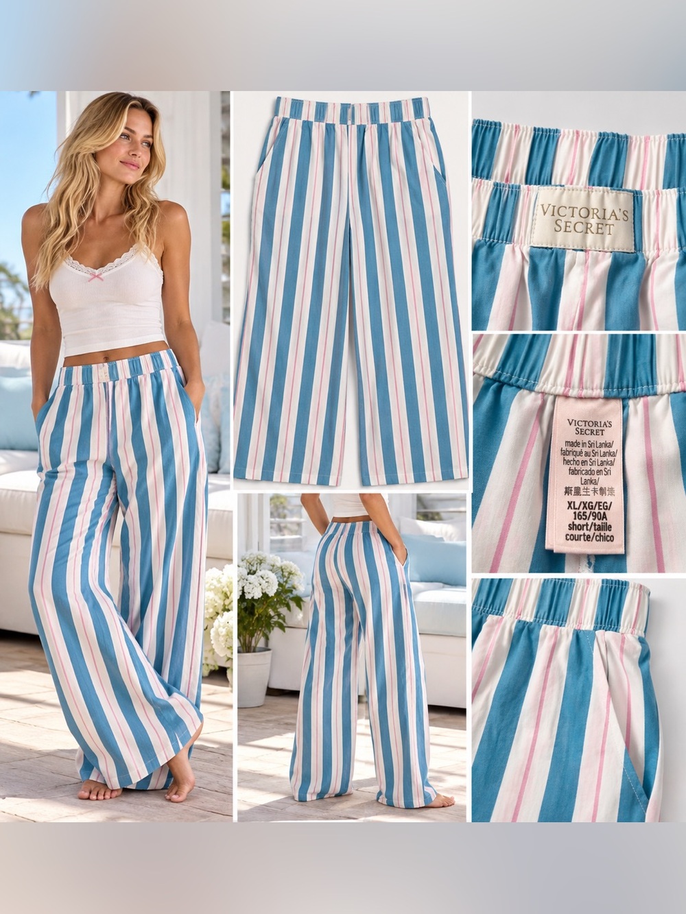 Victoria's Secret Sz XL Blue, White & Pink Striped Wide-Leg Pants